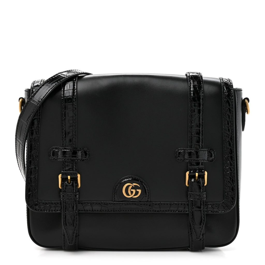 Calfskin Crocodile GG Double Buckle Medium Messenger Bag Black