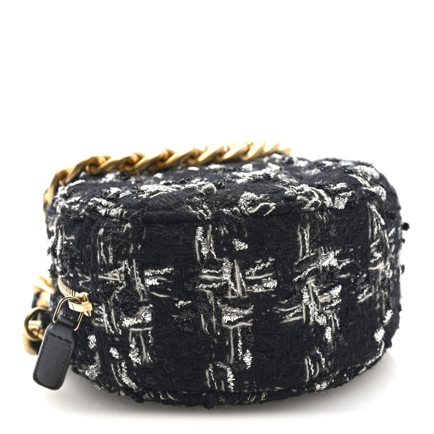 Tweed Quilted 19 Round Clutch With Chain Black White