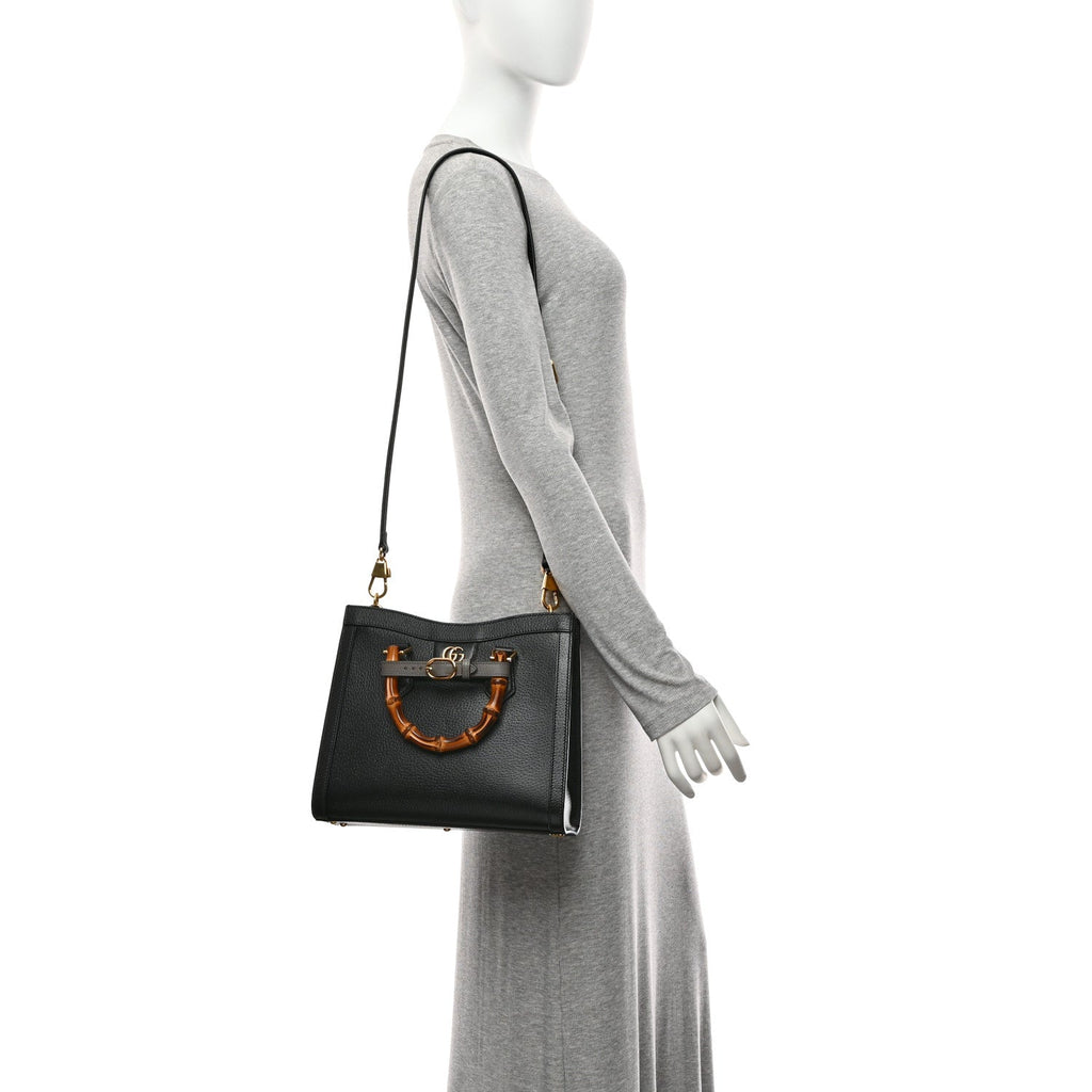 Textured Dollar Calfskin Web Small Diana Tote Bag Black Dusty Grey