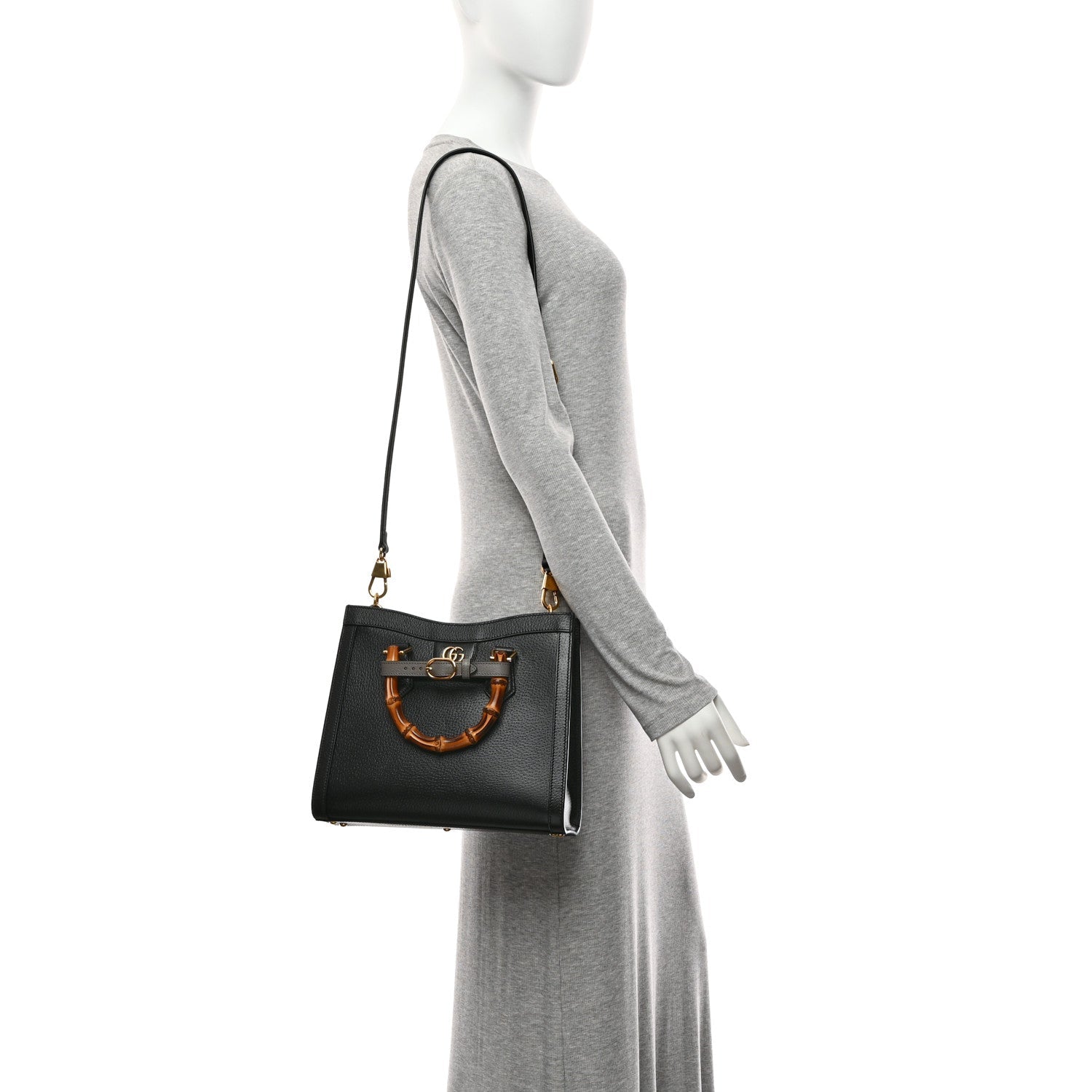 Textured Dollar Calfskin Web Small Diana Tote Bag Black Dusty Grey