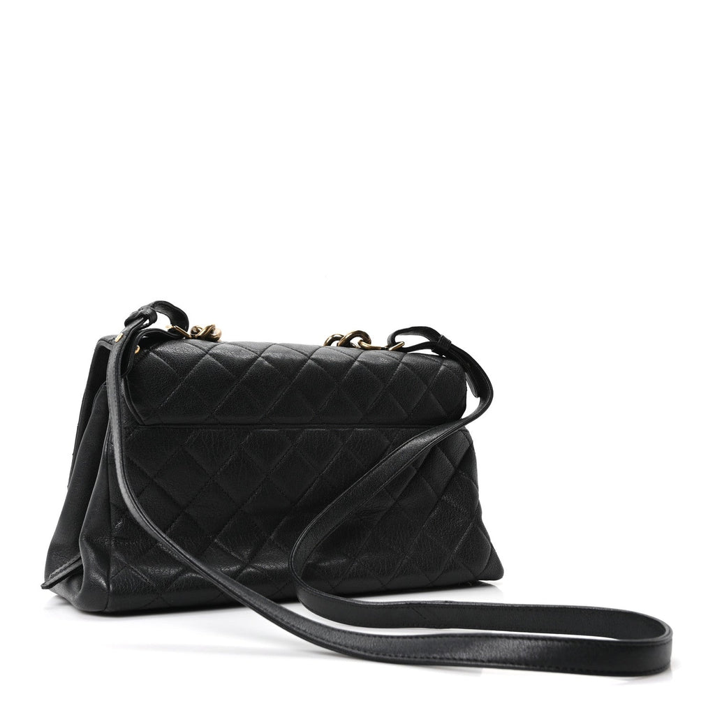 Shiny Sheepskin Quilted Large Trapezio Flap Black