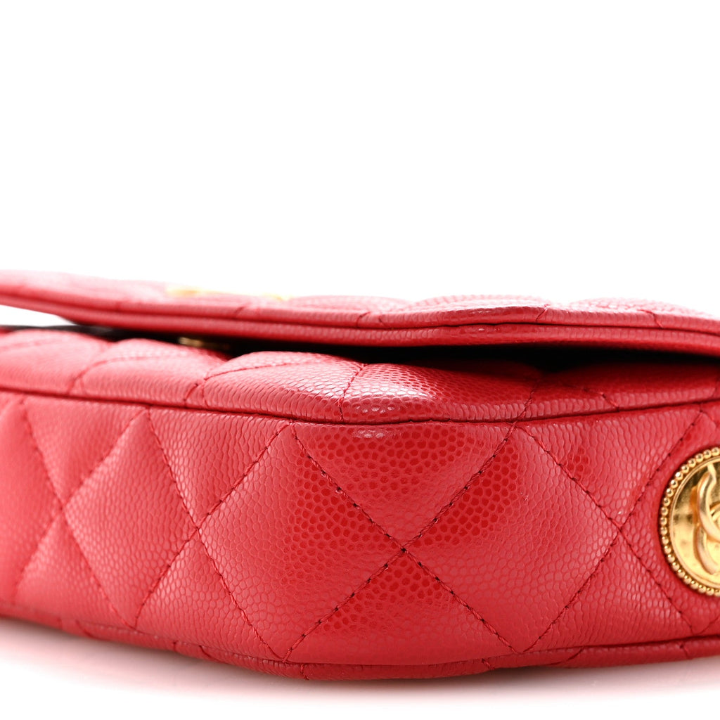 Caviar Quilted Yours Buttons Phone Holder With Chain Red