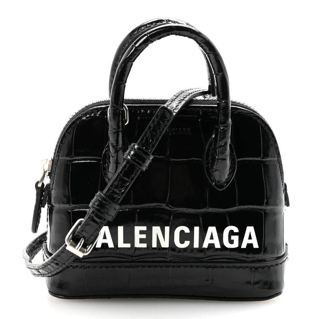 Shiny Calfskin Logo Crocodile Embossed Mini Ville Top Handle Bag Black