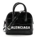Shiny Calfskin Logo Crocodile Embossed Mini Ville Top Handle Bag Black