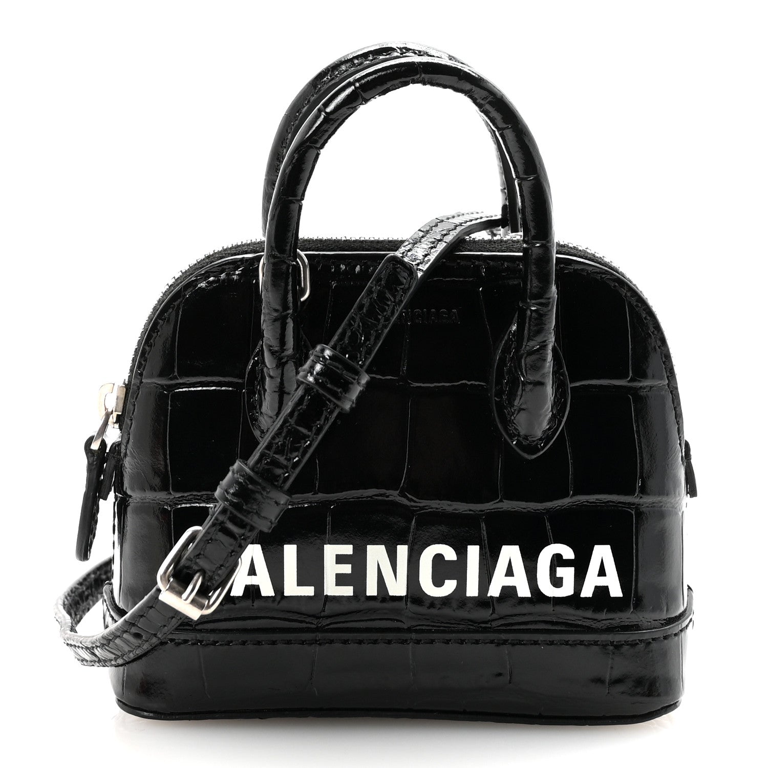 Shiny Calfskin Logo Crocodile Embossed Mini Ville Top Handle Bag Black