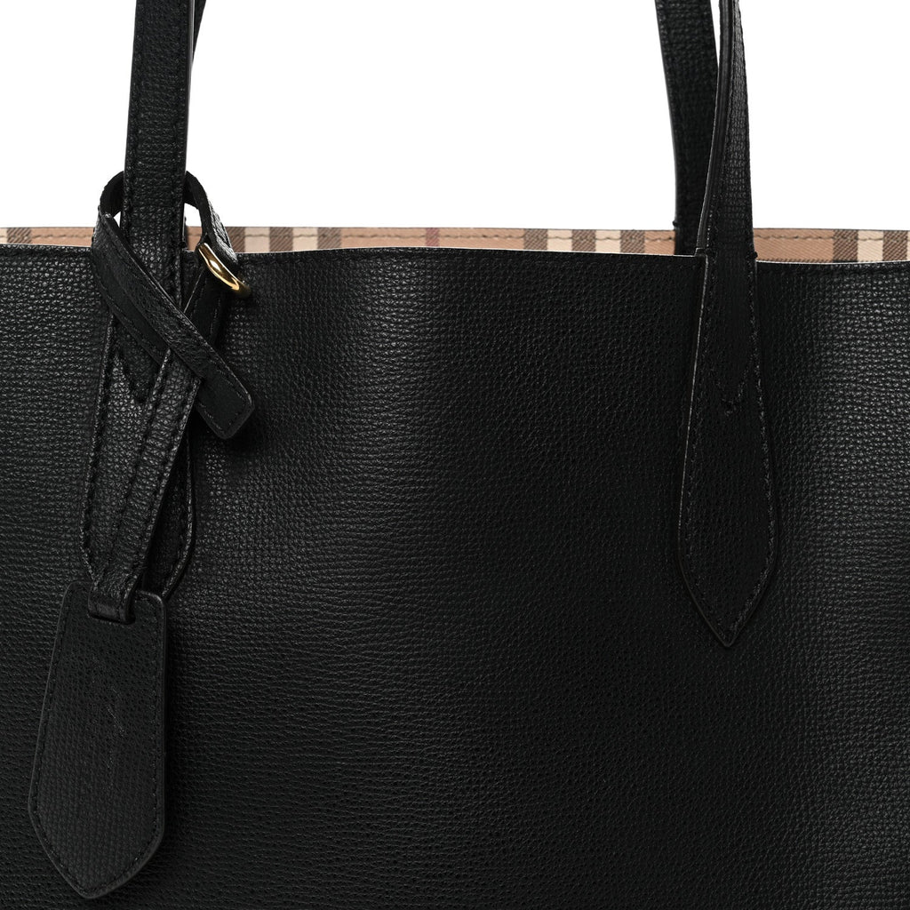 Grainy Calfskin Haymarket Check Small Reversible Tote Black