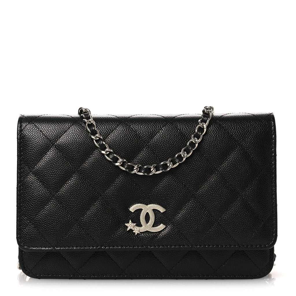 Caviar Quilted Crystal Star Wallet On Chain Black