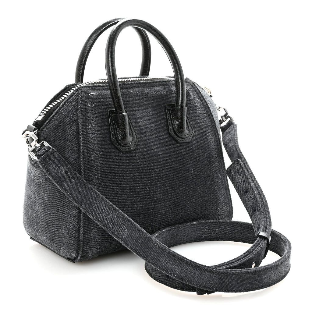 Washed Denim Mini Antigona Shoulder Bag Black