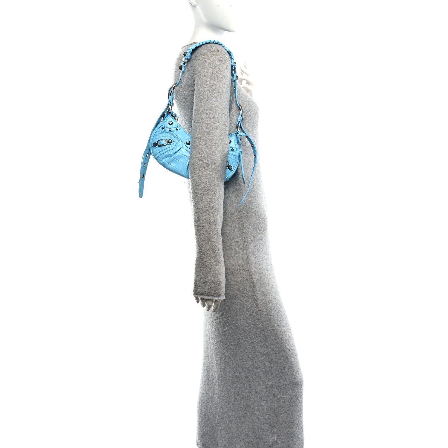 Extra Supple Calfskin Crocodile Embossed Le Cagole Shoulder Bag XS Sky Blue