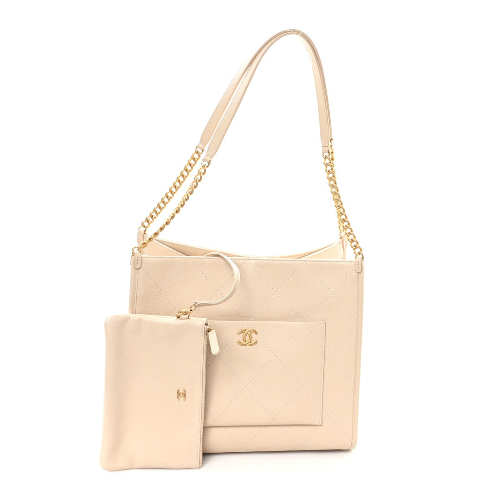 Caviar Stitched Pocket CC Large Tote Light Beige