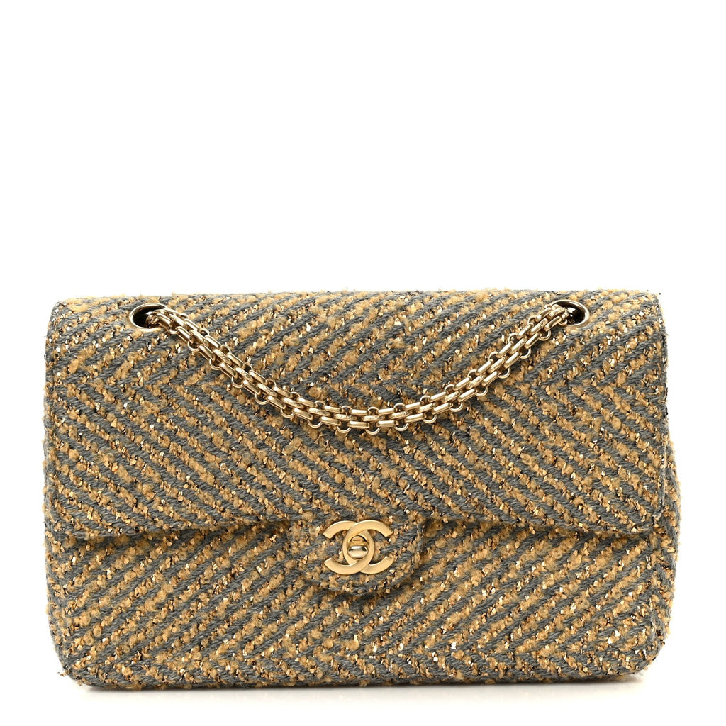 Metallic Tweed Quilted Medium Single Flap Beige Grey Gold