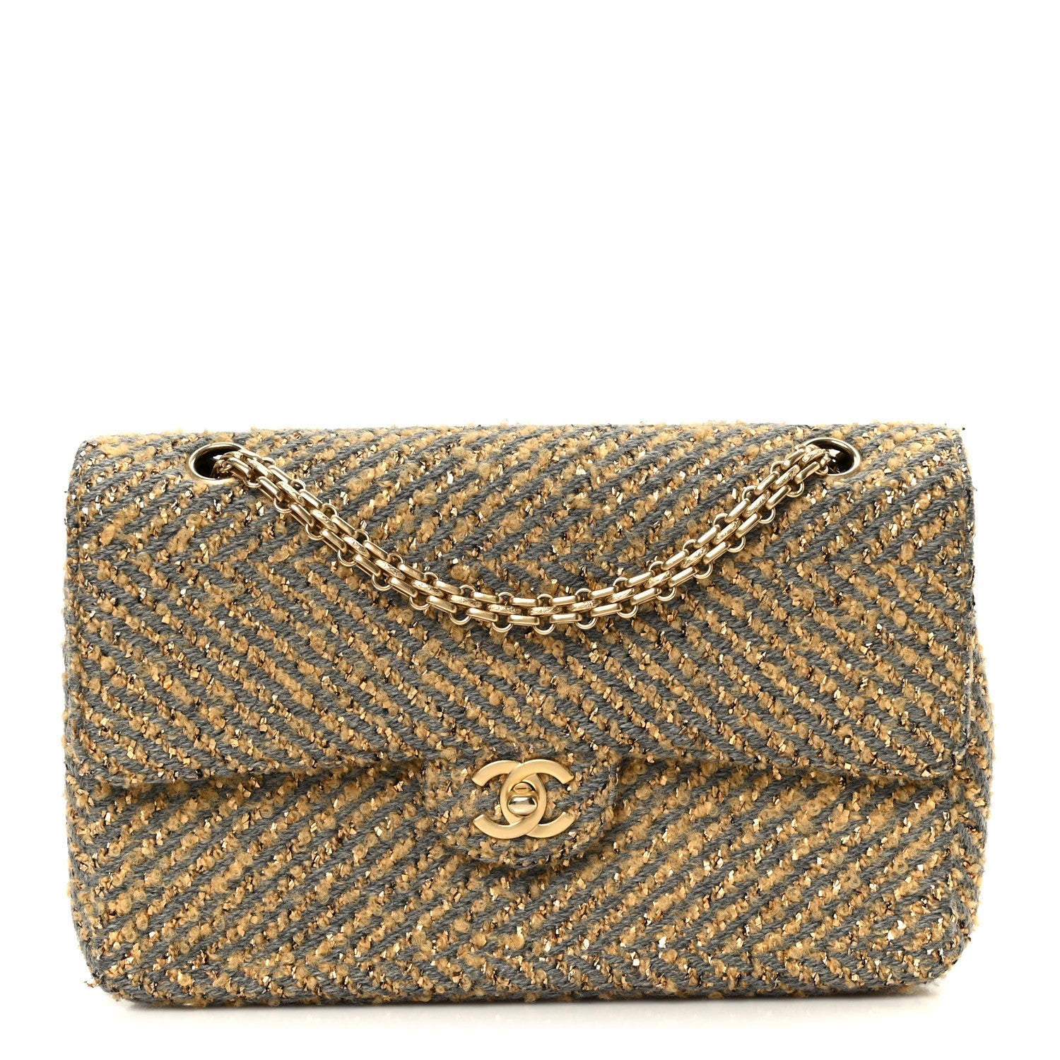 Metallic Tweed Quilted Medium Single Flap Beige Grey Gold