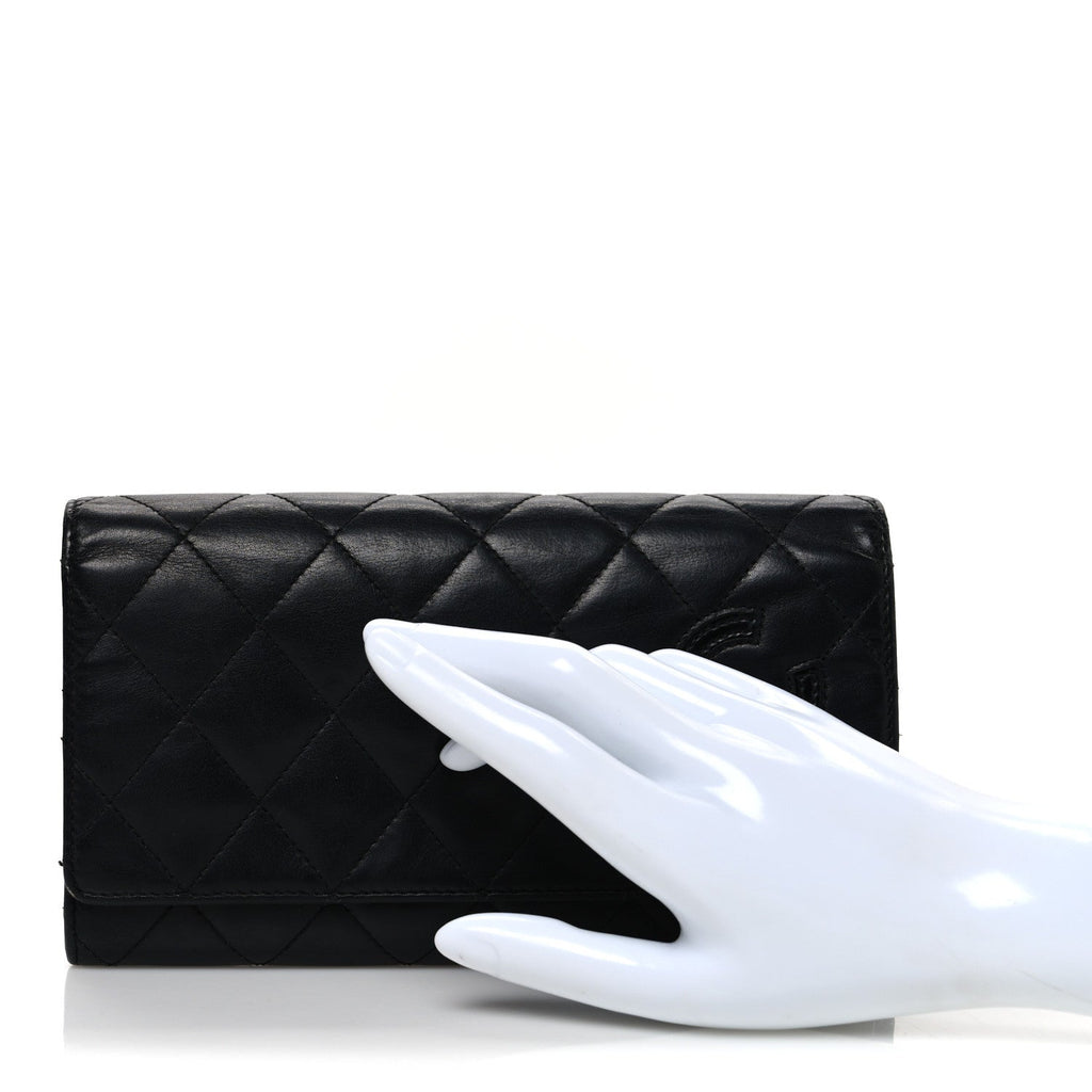 Calfskin Quilted Cambon Gusset Flap Wallet Black