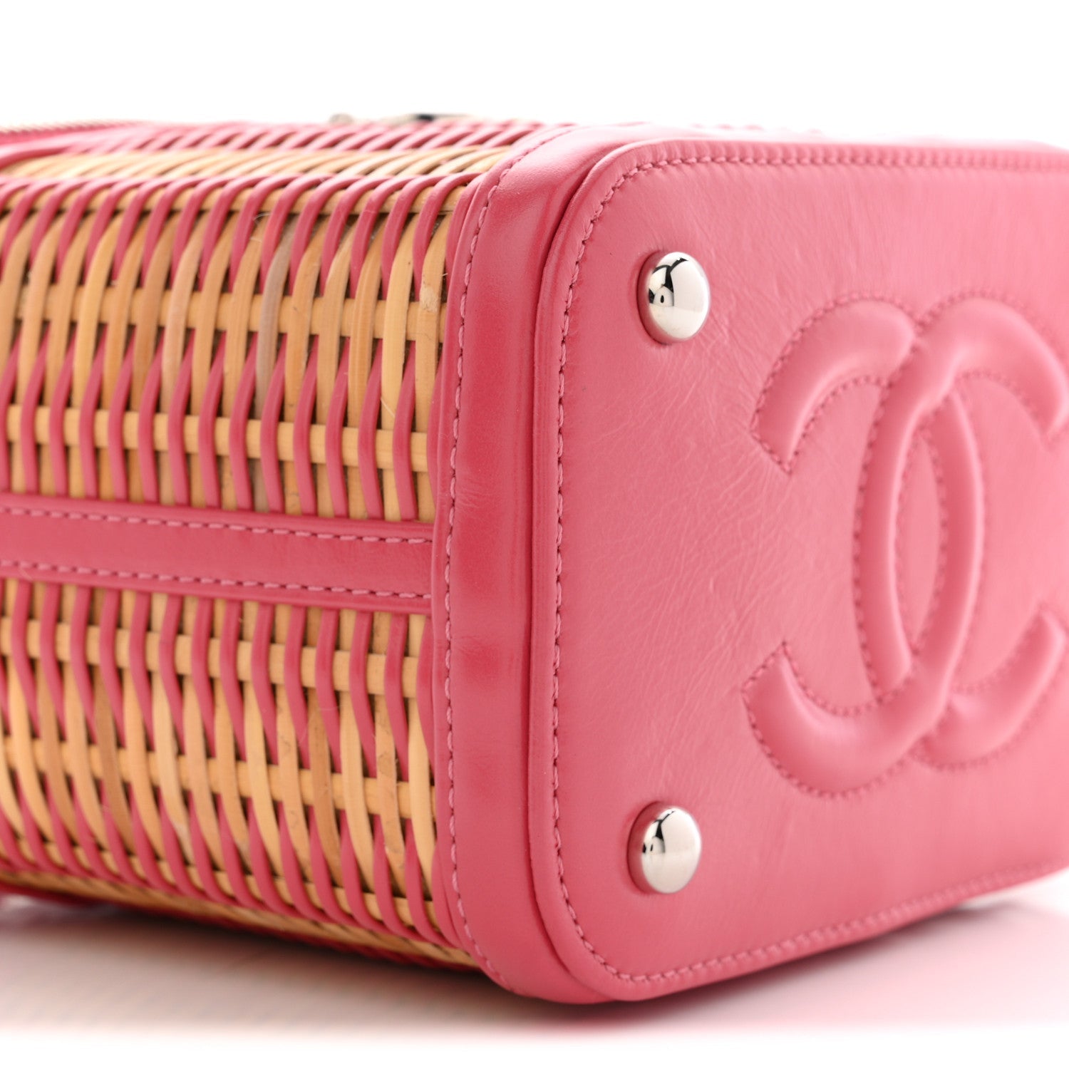Calfskin Raffia Small Take Away Vanity Case Bag Pink Beige