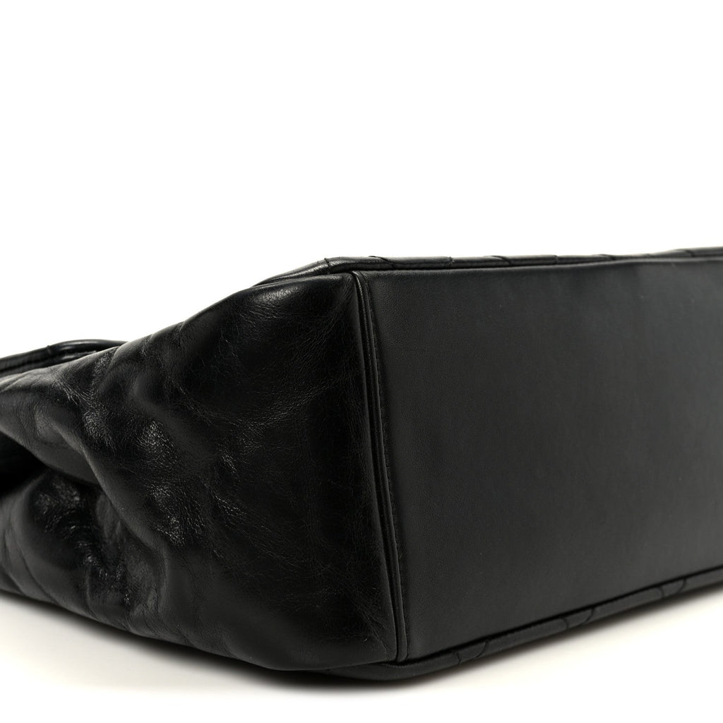 Glazed Calfskin Quilted Large Gold Bar Top Handle Flap Black