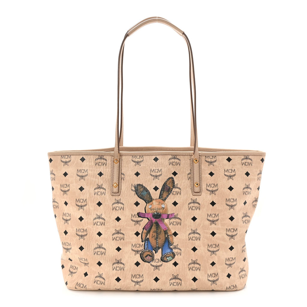 Visetos Medium Studded Rabbit Top Zip Shopper Tote Beige