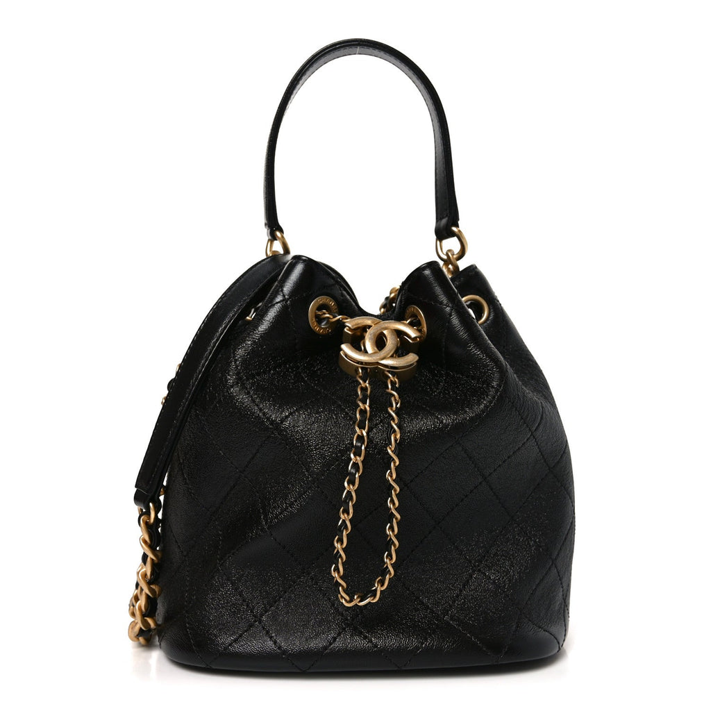 Shiny Lambskin Quilted Fashion Therapy Bucket Drawstring Bag Black