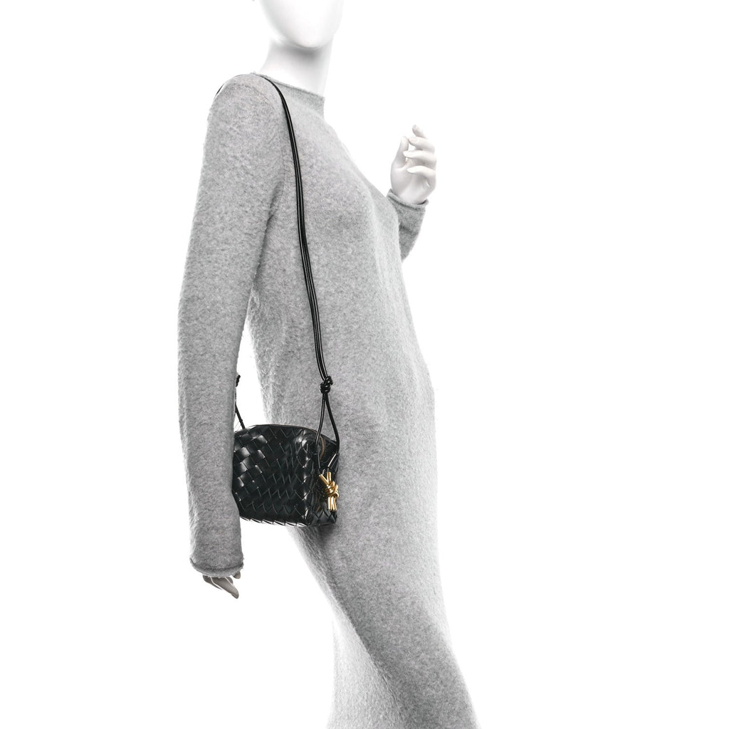 Polished Nappa Intrecciato Metallic Knot Mini Loop Camera Bag Black