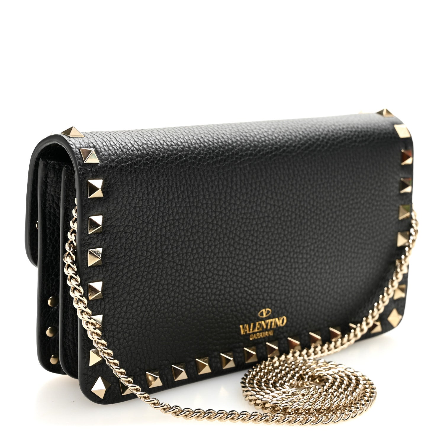 Pebbled Calfskin Rockstud Flap Wallet On Chain Black