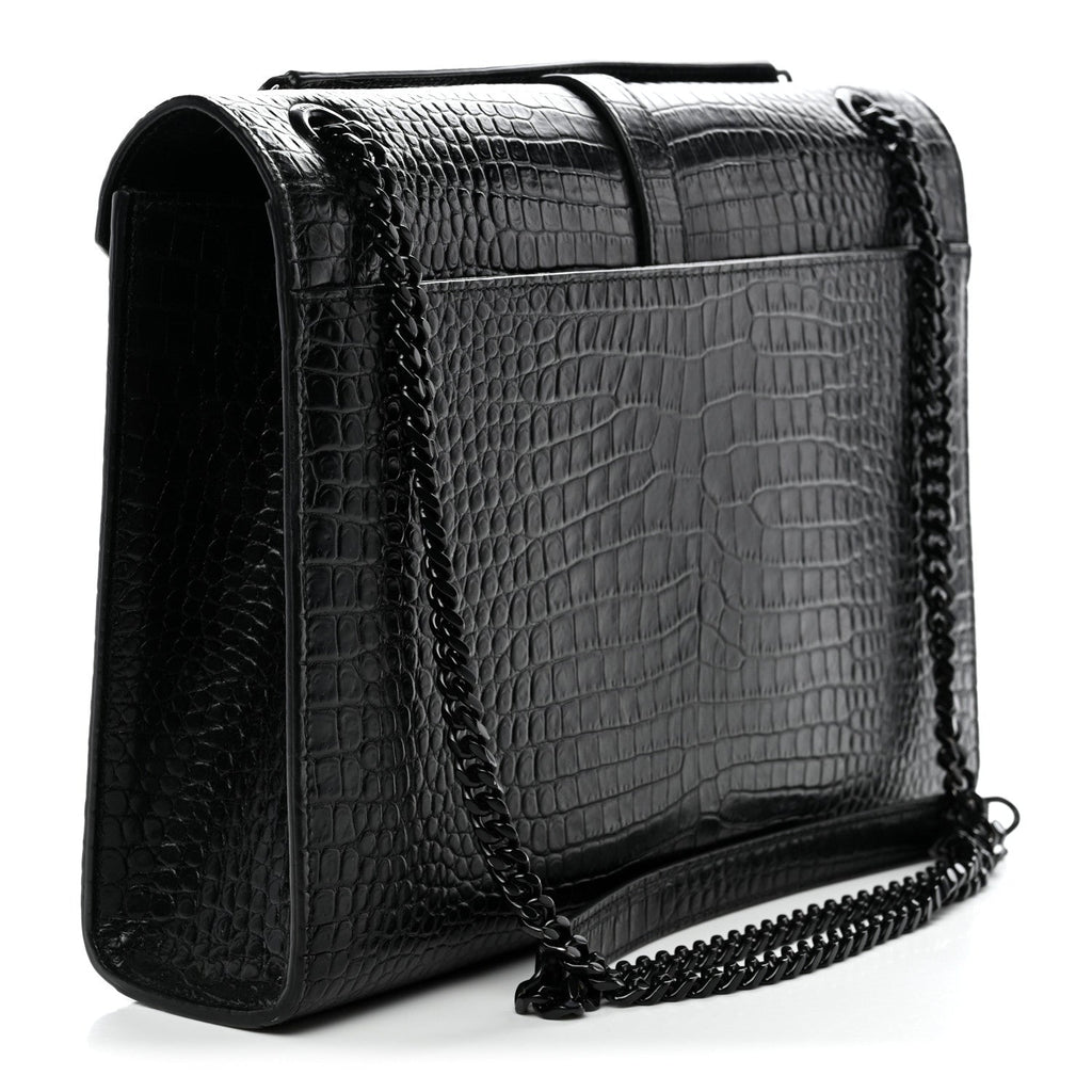 Calfskin Crocodile Embossed Monogram Large Satchel Black