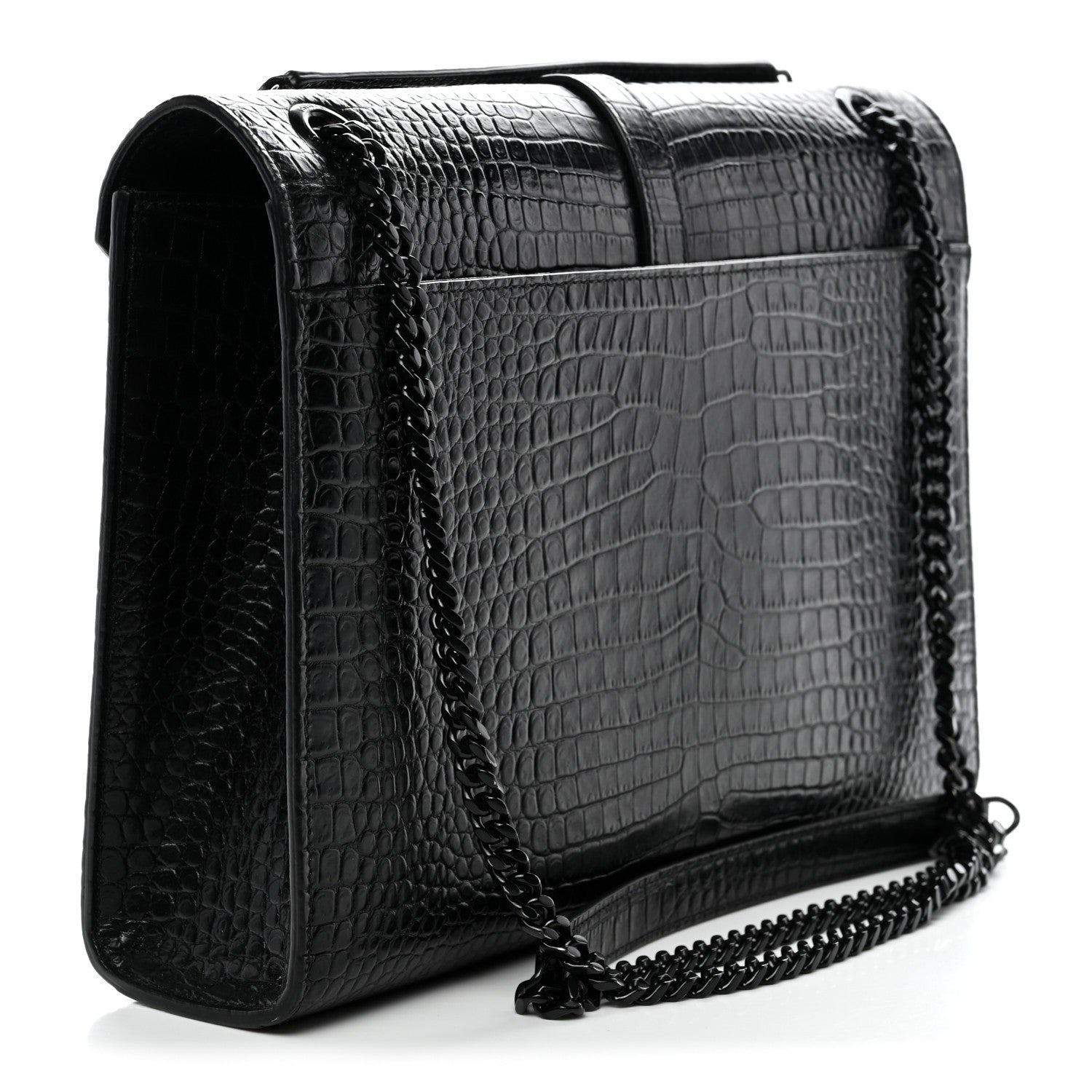 Calfskin Crocodile Embossed Monogram Large Satchel Black