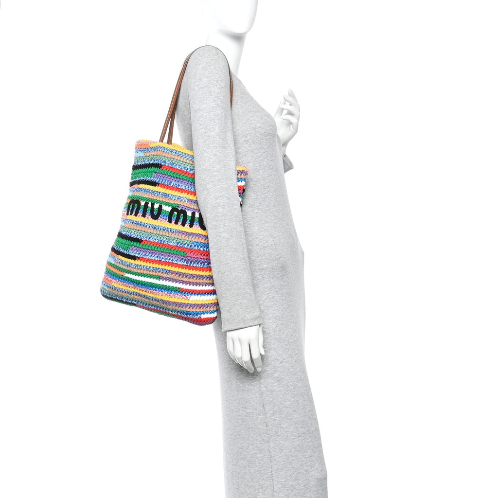 Cotton Crochet Stripe Vertical Tote Bag Multicolor