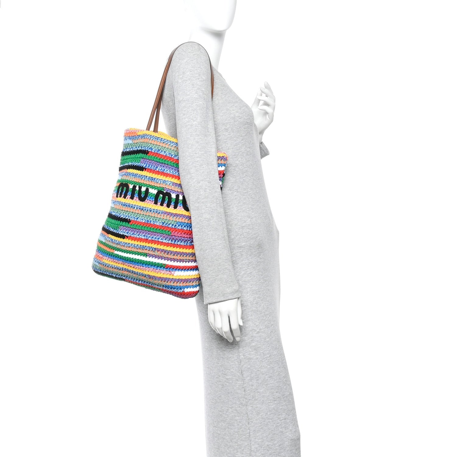 Cotton Crochet Stripe Vertical Tote Bag Multicolor