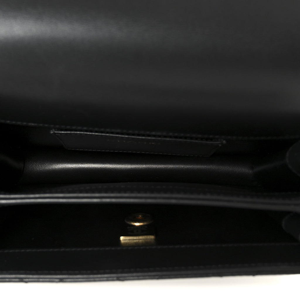 Shiny Calfskin Quilted Mini Metal Top Handle Flap Black