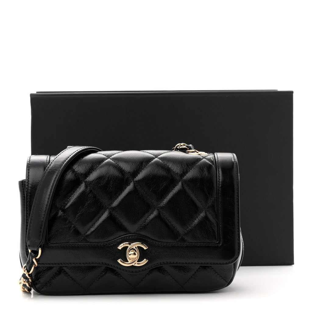 Crumpled Glazed Lambskin Quilted Mini Flap Black