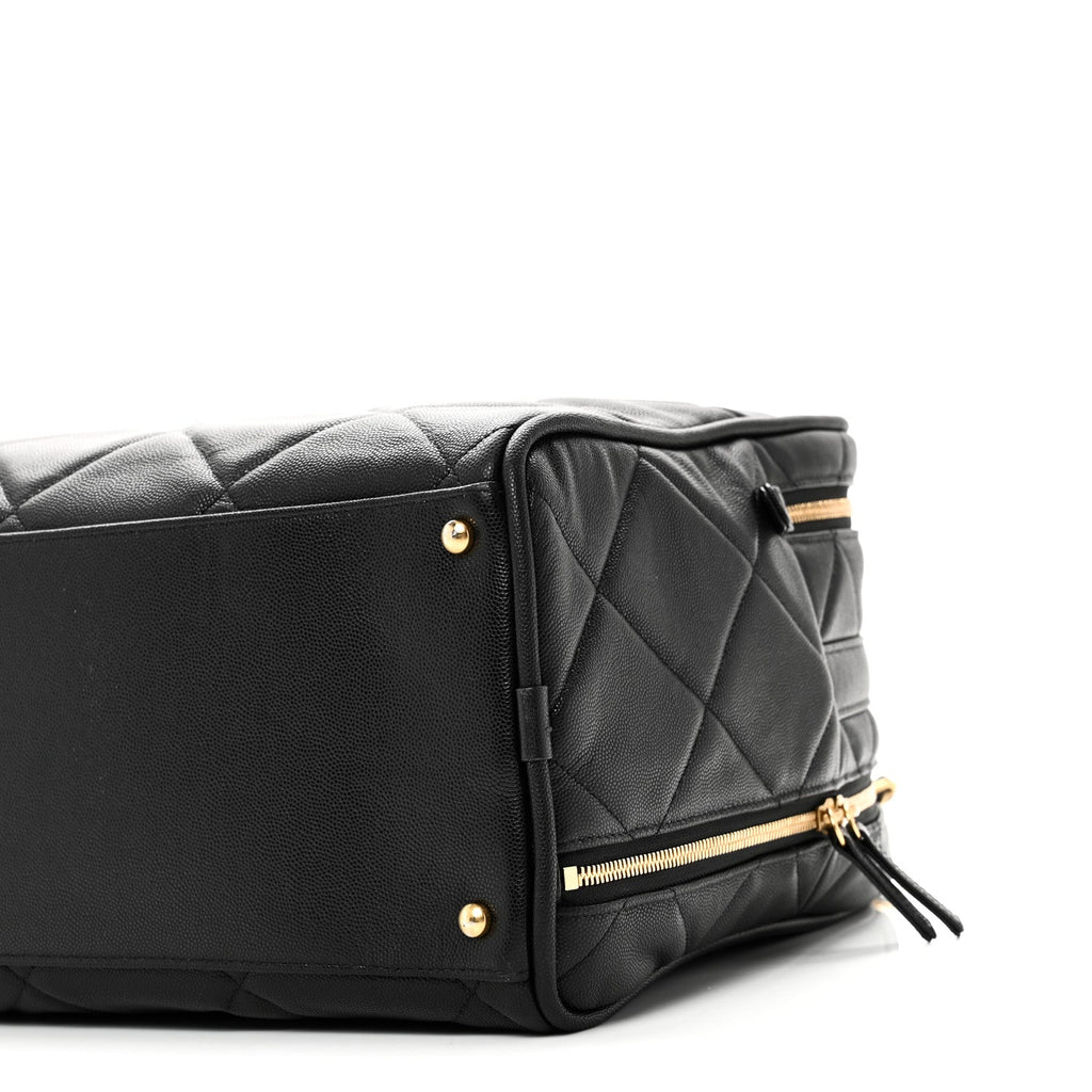Shiny Grained Calfskin Quilted Travel Bowling Bag Black