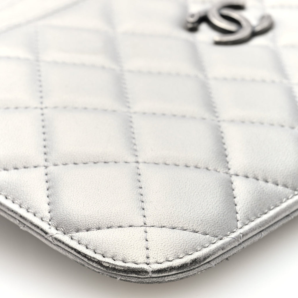 Metallic Lambskin Quilted Clutch With Chain Silver