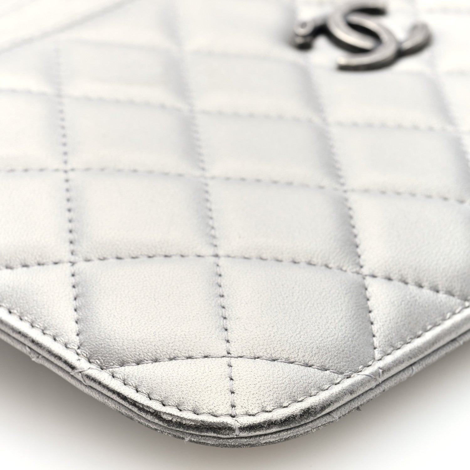 Metallic Lambskin Quilted Clutch With Chain Silver