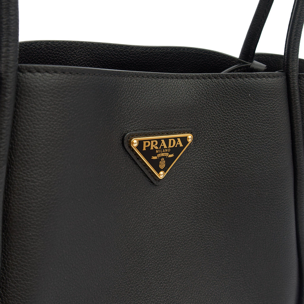 Prada Tote Plaque Logo Leather Mini Bag in Black, Calfskin