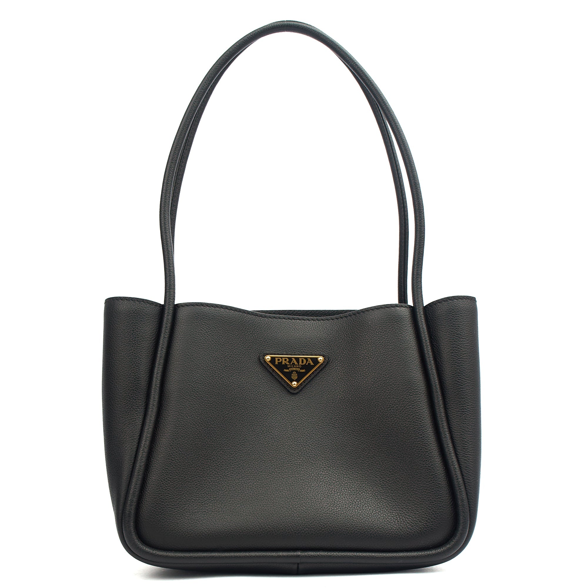 Prada Tote Plaque Logo Leather Mini Bag in Black, Calfskin