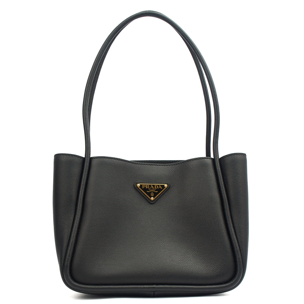 Prada Tote Plaque Logo Leather Mini Bag in Black, Calfskin