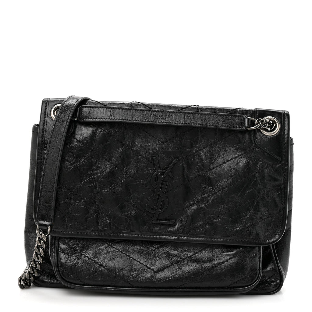 Crinkled Calfskin Matelasse Monogram Medium Niki Chain Satchel Black