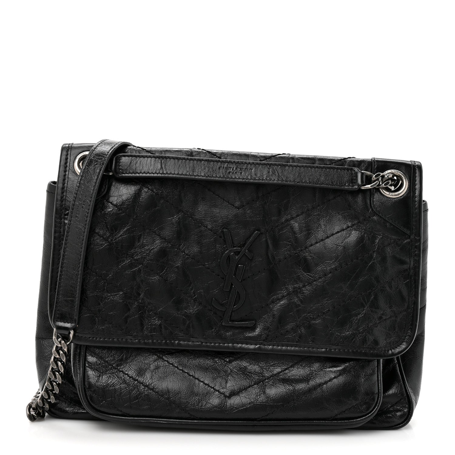 Crinkled Calfskin Matelasse Monogram Medium Niki Chain Satchel Black