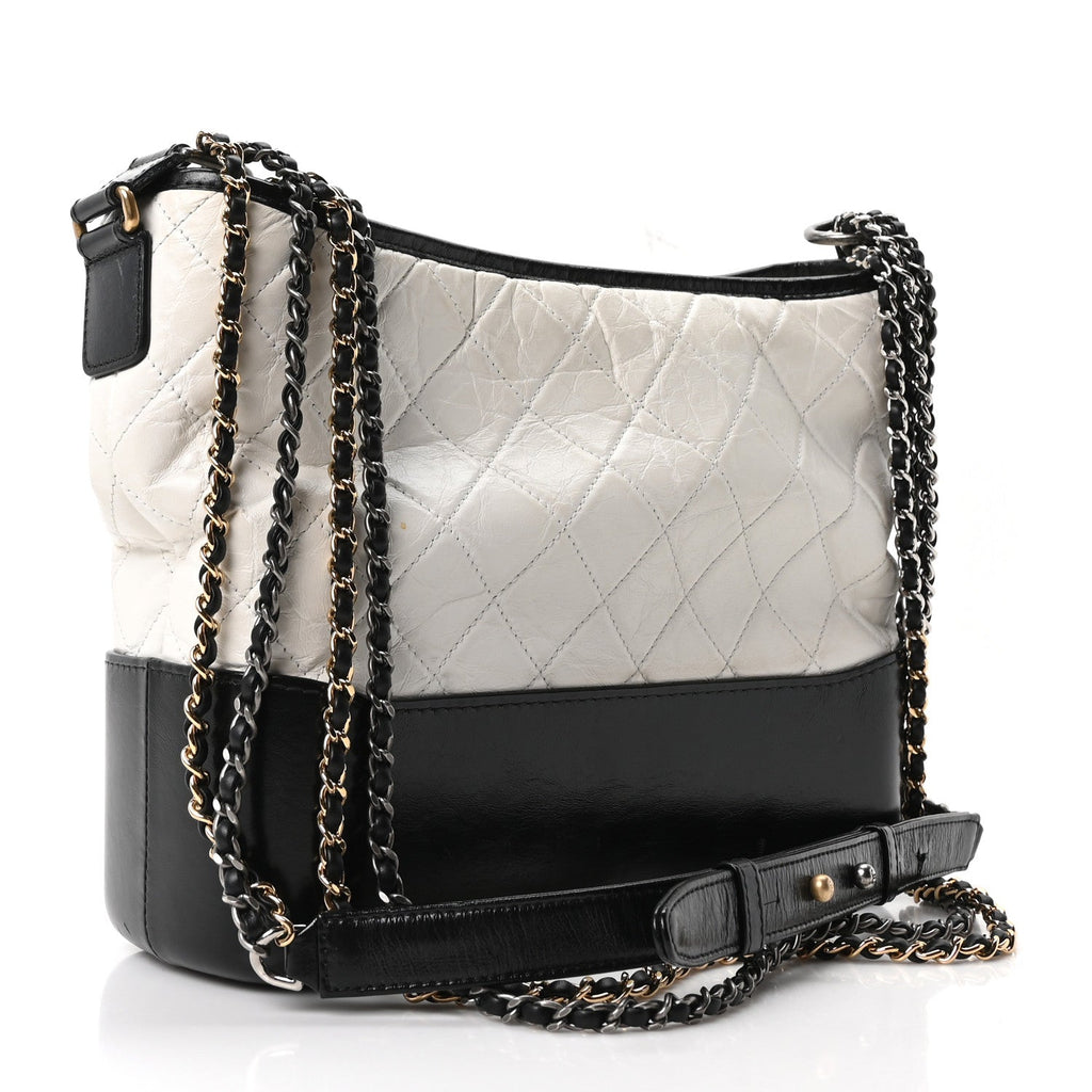 Aged Calfskin Quilted Medium Gabrielle Hobo Black White