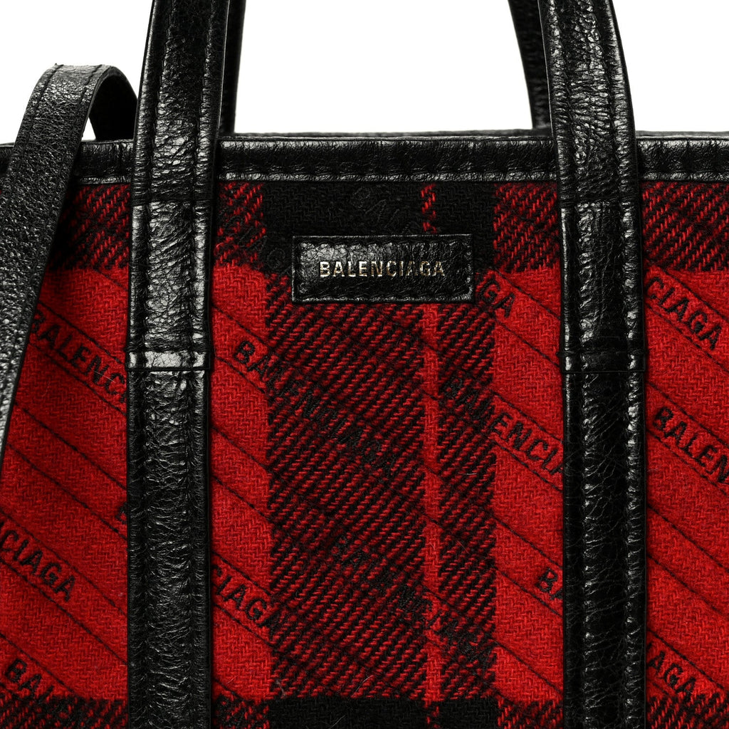 Wool Cuir Arena Plaid Diagonal Allover Logo Matelasse XS Bazar Shopper Tote Red Black