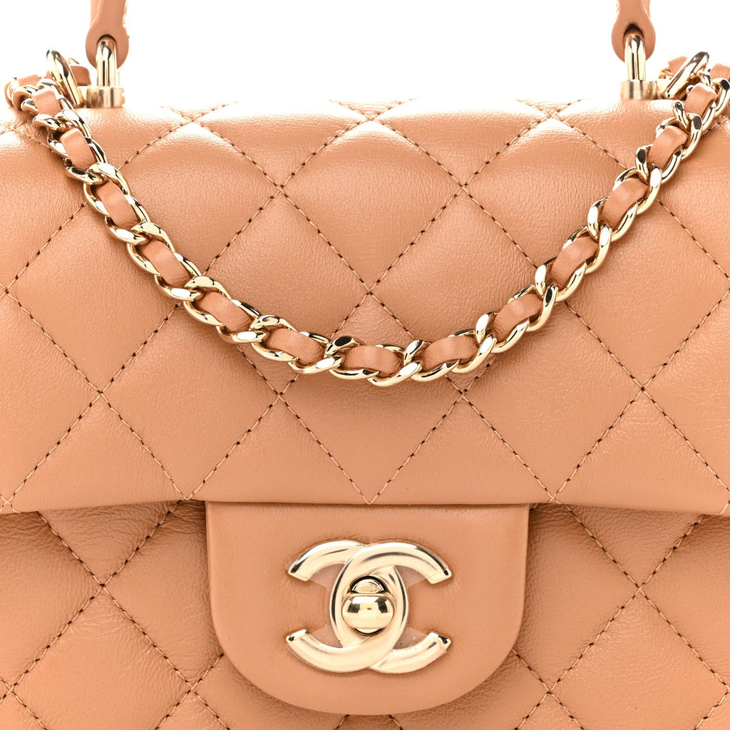 Lambskin Quilted Mini Top Handle Rectangular Flap Dark Beige