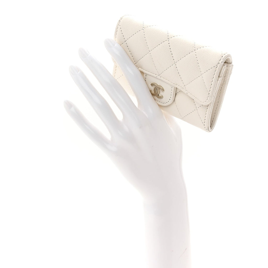 Caviar Quilted Flap  Holder Wallet White
