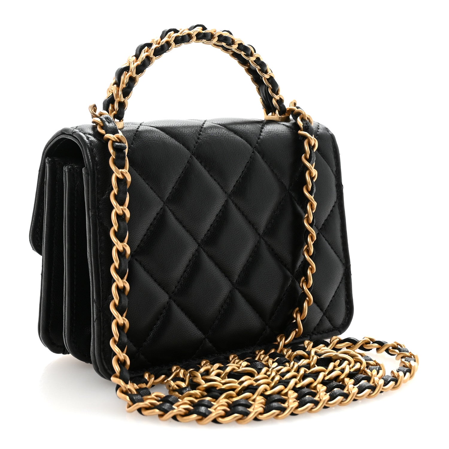Lambskin Quilted Chain Top Handle Clutch With Chain Black