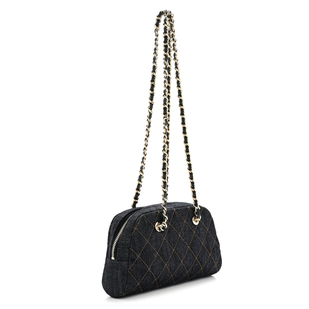 Denim Quilted Clutch With Chain Dark Blue Orange
