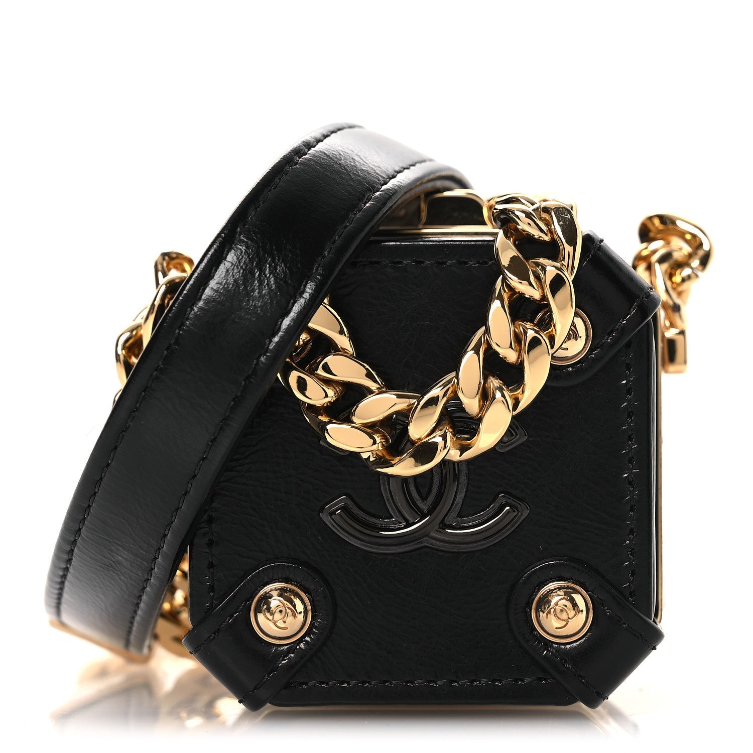 Shiny Crumpled Calfskin Minaudiere Clutch With Chain Black