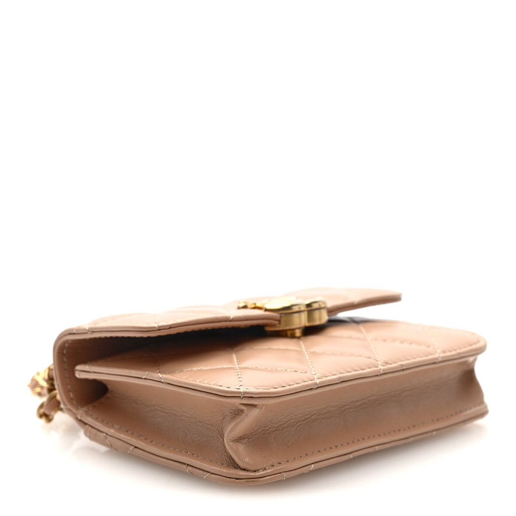 Calfskin Quilted Perfect Fit Coin Purse With Chain Beige