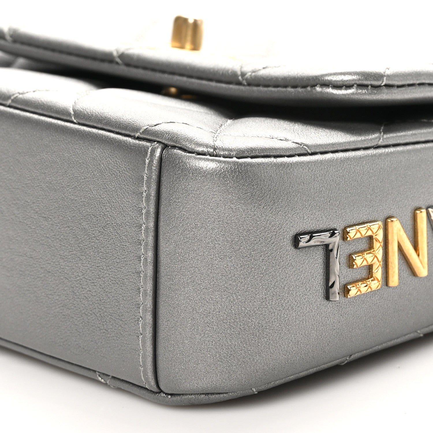Metallic Lambskin Quilted Mini Side Note Flap Grey