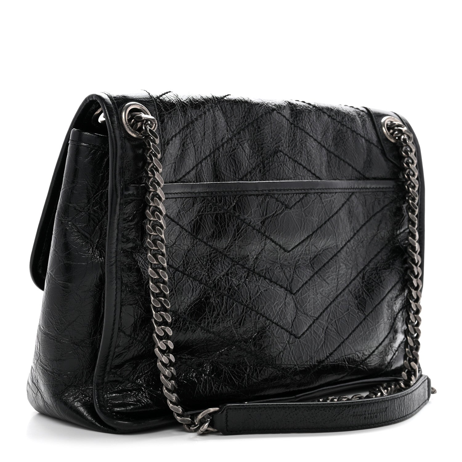 Crinkled Calfskin Matelasse Monogram Medium Niki Chain Satchel Black