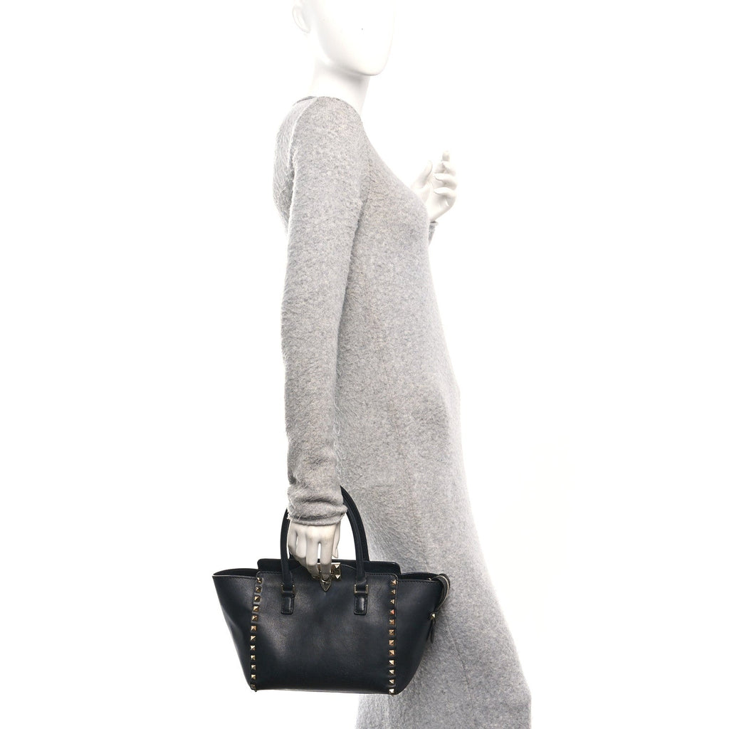 Vitello Small Rockstud Double Handle Tote Black