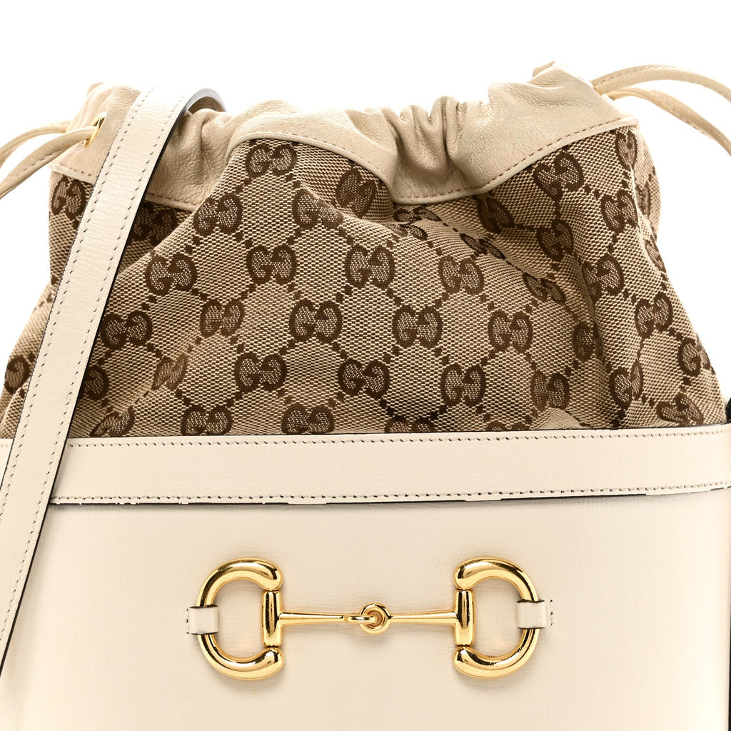Monogram Textured Calfskin Horsebit 1955 Drawstring Bucket Bag Beige Mystic White