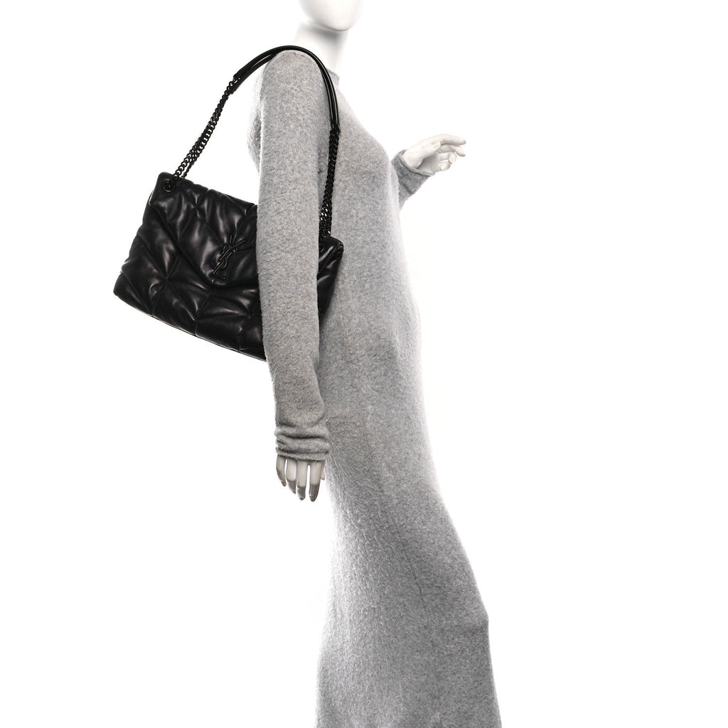 Lambskin Quilted Monogram Monochrome Medium Loulou Puffer Chain Satchel Black